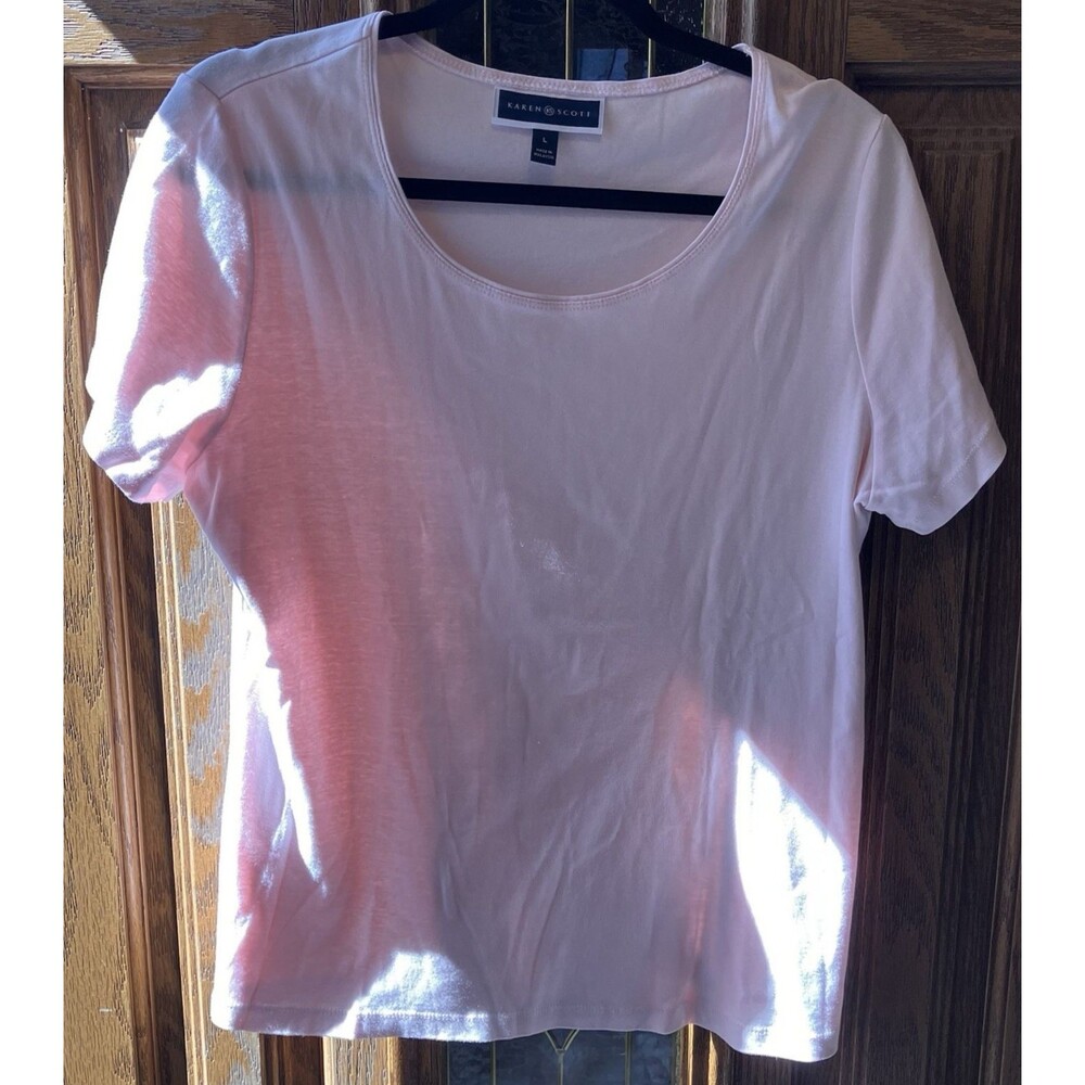 Karen Scott T-Shirt  Short Sleeve Pale Pink Stretch Spring 100% Cotton Tee sz L‎